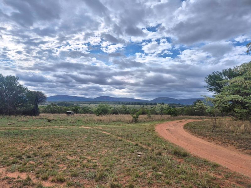 A scenic view of the farm landscape featuring a dirt access road, open veld, and distant mountain ranges under a cloudy sky.
