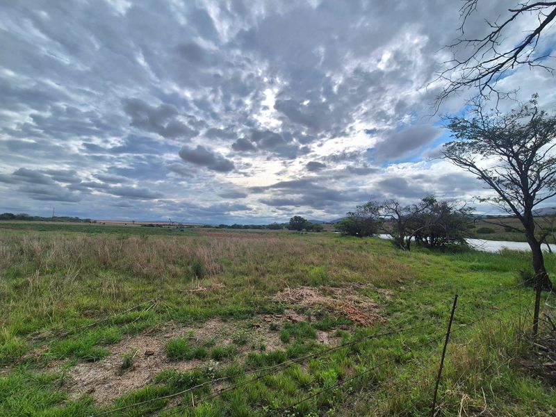 A wide-angle view of open farm land featuring natural vegetation, a small water feature, and a perimeter barbed wire fence under a cloudy sky.