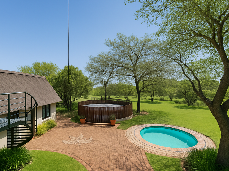A well-maintained outdoor area featuring a swimming pool, brick-paved patio, and a raised circular deck, set within a spacious, lush green garden.