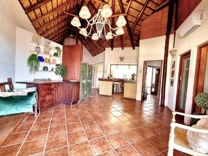 Spacious open-plan living area featuring a high vaulted thatched roof with exposed timber trusses, terracotta tiled flooring, and integrated wooden cabinetry.