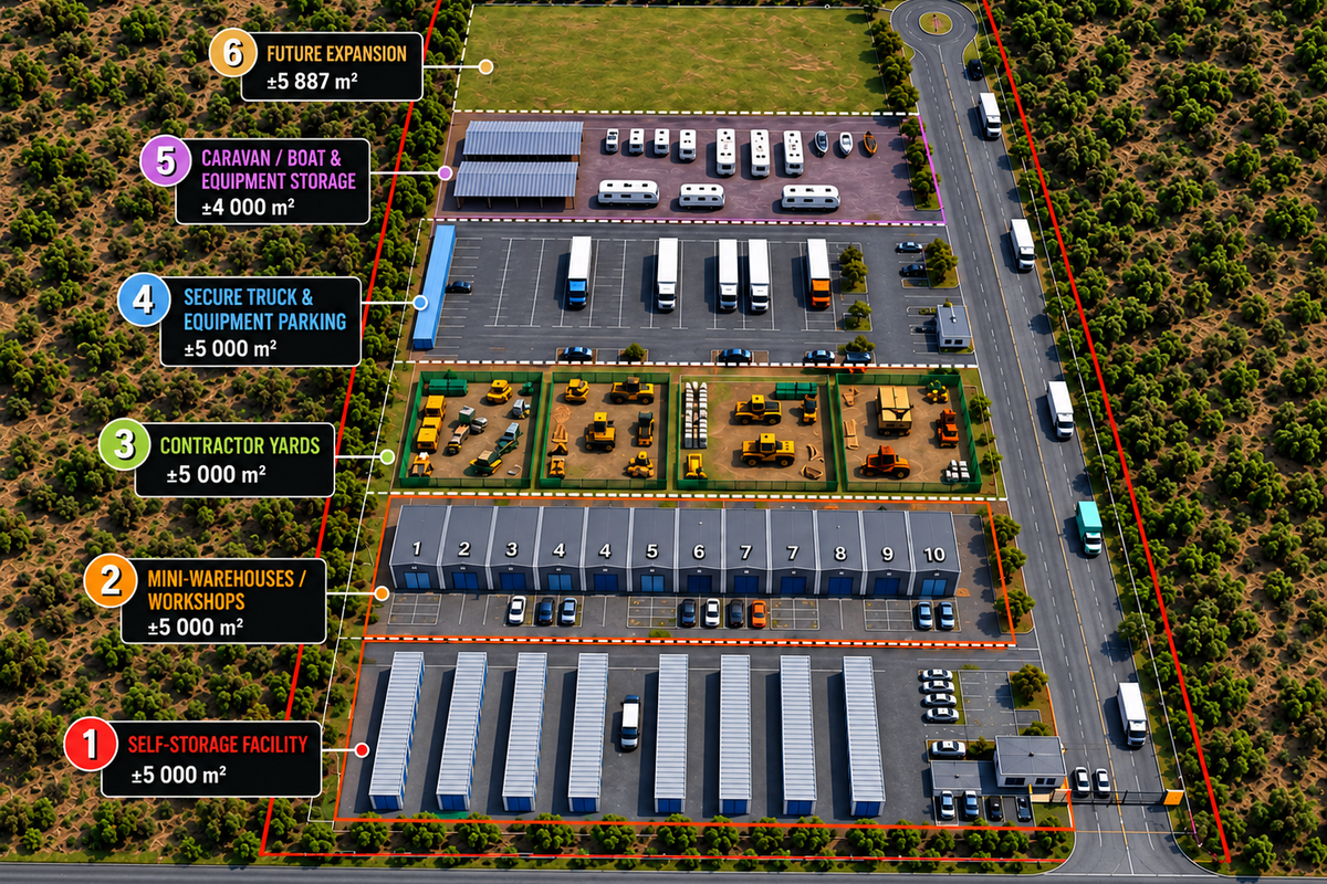 Aerial view of a commercial property featuring a self-storage facility, mini-warehouses, contractor yards, truck parking, and designated space for future expansion.