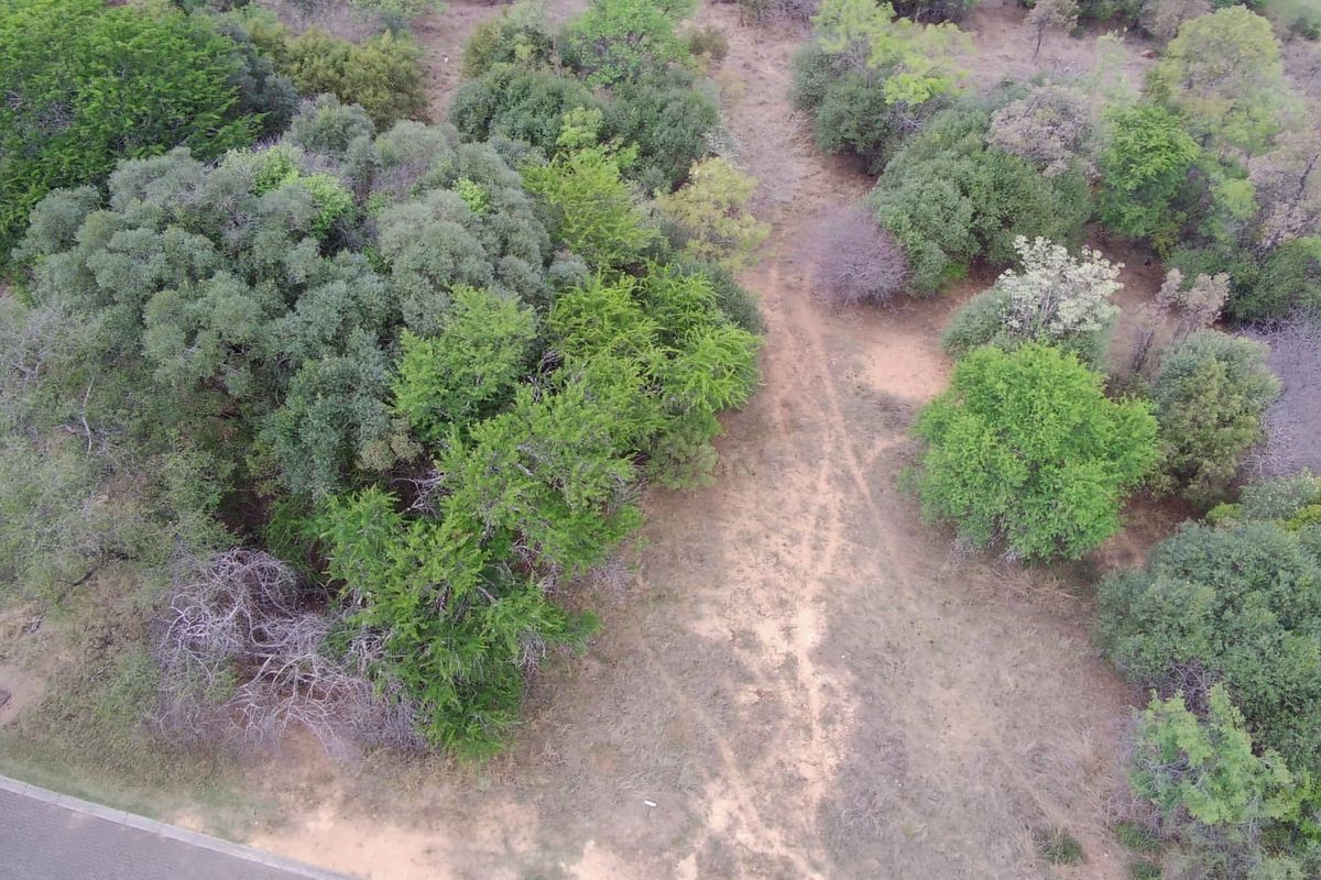 An aerial view of a vacant residential plot featuring established native trees and a natural dirt access path.