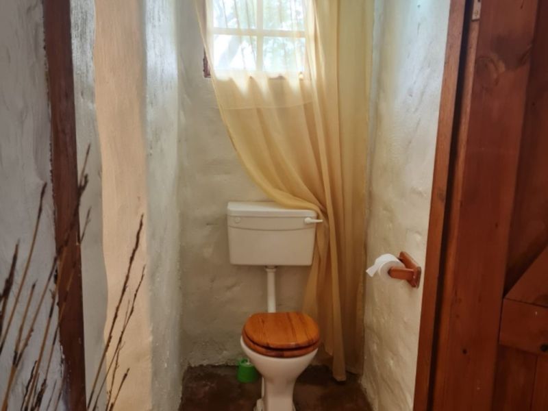 A rustic-style bathroom featuring a toilet with a wooden seat, textured white walls, and a small window with a curtain.