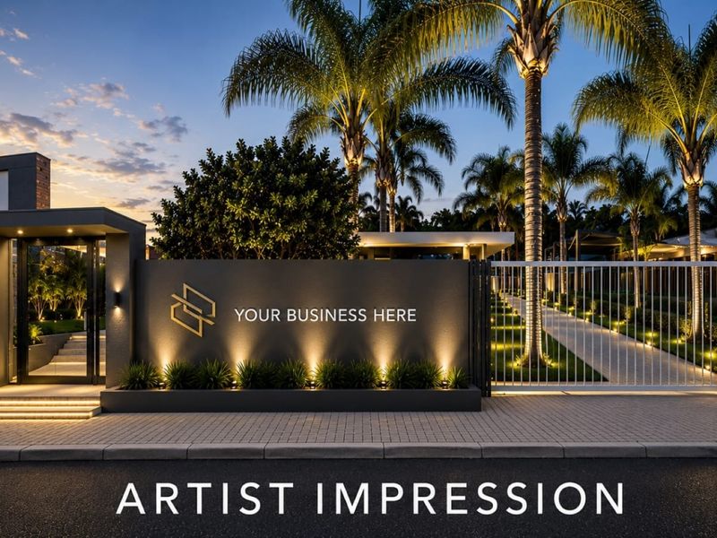 Modern commercial property entrance featuring a sleek perimeter wall, integrated architectural lighting, secure gated access, and professionally landscaped palm trees.