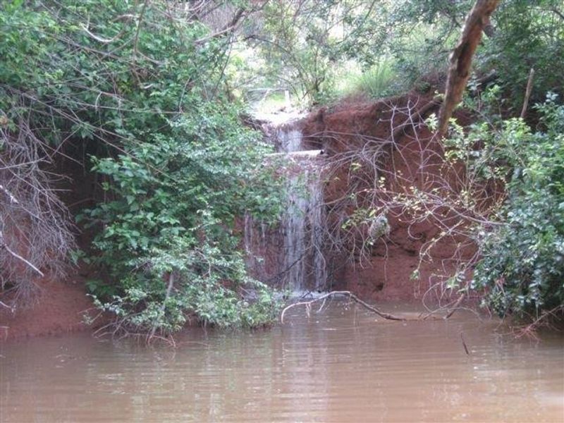 A natural water feature and small waterfall located on the vacant residential land, surrounded by native vegetation and earth banks.