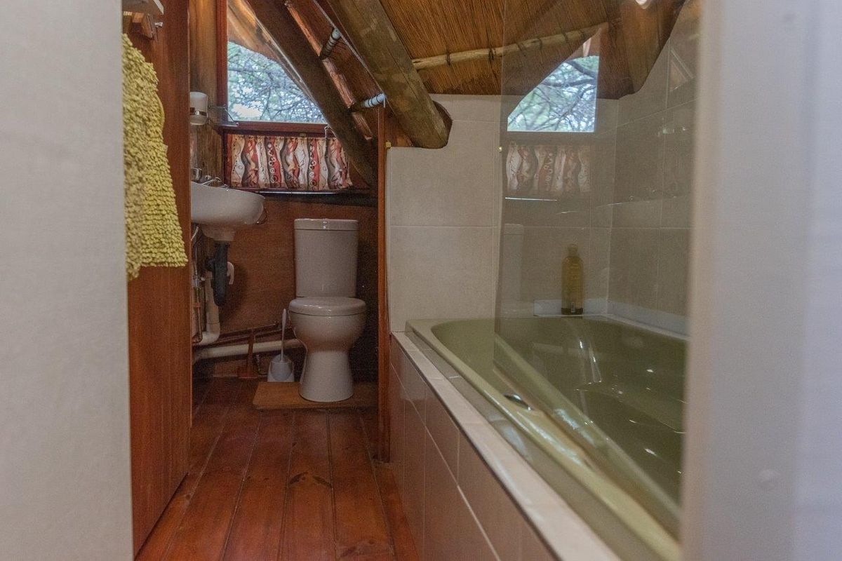 A rustic bathroom featuring a bathtub with a glass screen, a toilet, and a wall-mounted basin under a pitched thatched roof.