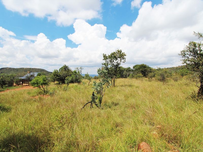 A view of a vacant residential plot featuring natural grassland, scattered trees, and distant hilly terrain under a bright, cloudy sky.