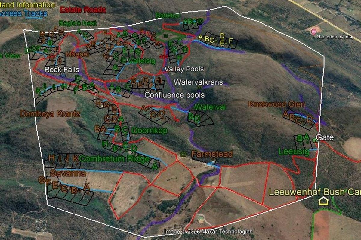 An aerial satellite view of the residential estate showing land parcel layouts, access roads, and geographical features.