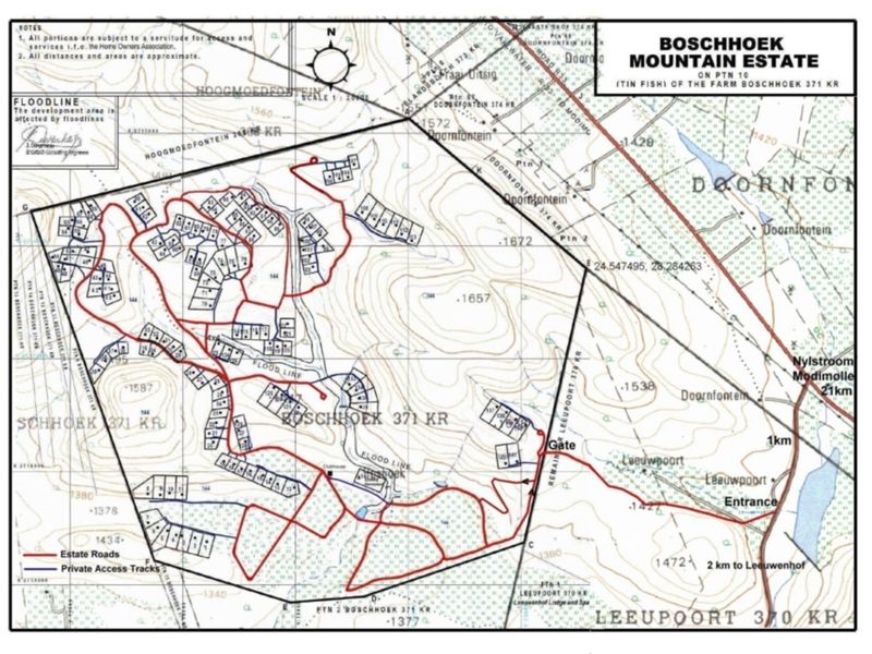 A detailed site map and layout plan for the Boschhoek Mountain Estate, showing road networks, property boundaries, and topographical features.