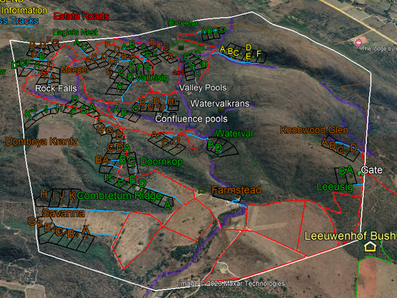 An aerial map view of the residential estate showing various land plots, access tracks, and estate infrastructure.