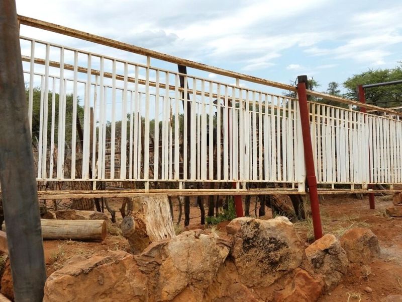 Outdoor livestock handling and fencing infrastructure featuring metal railings and steel support posts set within a rural farm environment.