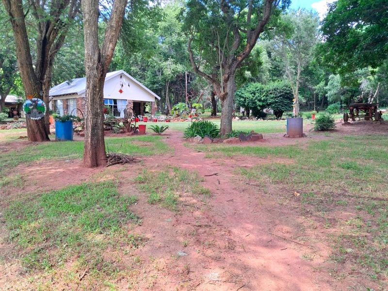 A view of the farm property featuring a cottage set within a spacious, tree-lined garden with established landscaping and natural pathways.