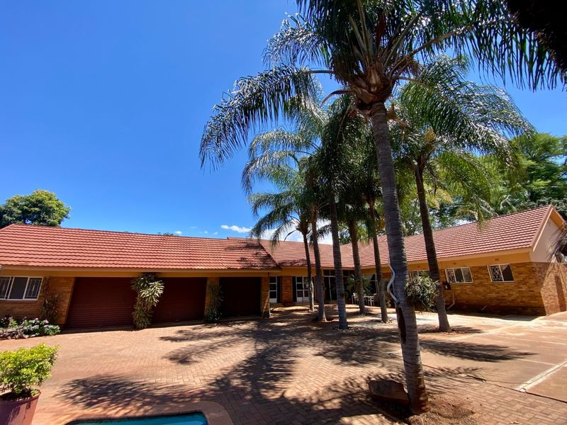 A spacious front exterior view featuring a paved driveway, multiple garage doors, mature palm trees, and a tiled roof house facade.