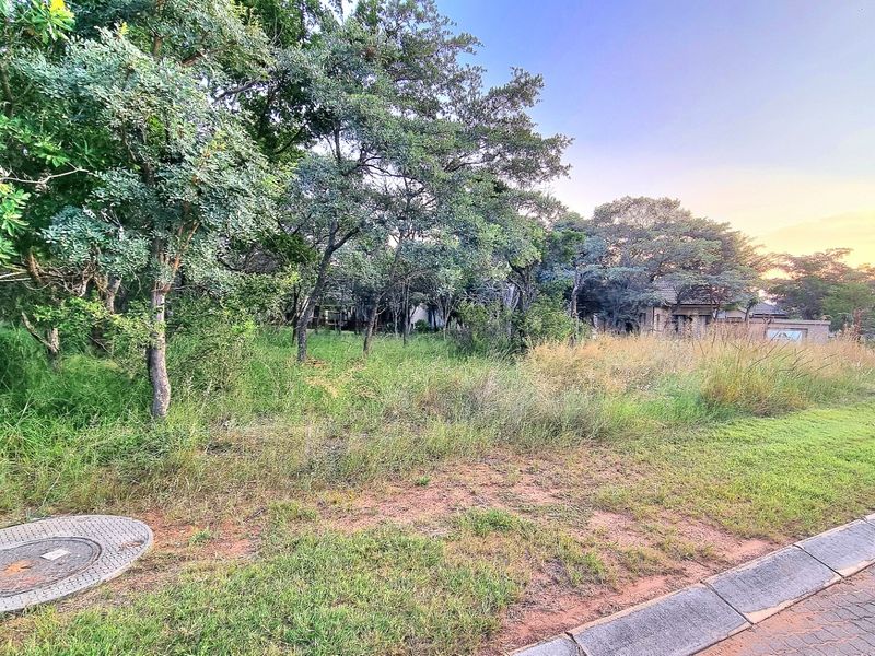 A view of a vacant residential plot featuring mature trees, natural grassland, and a paved curb along the street frontage.