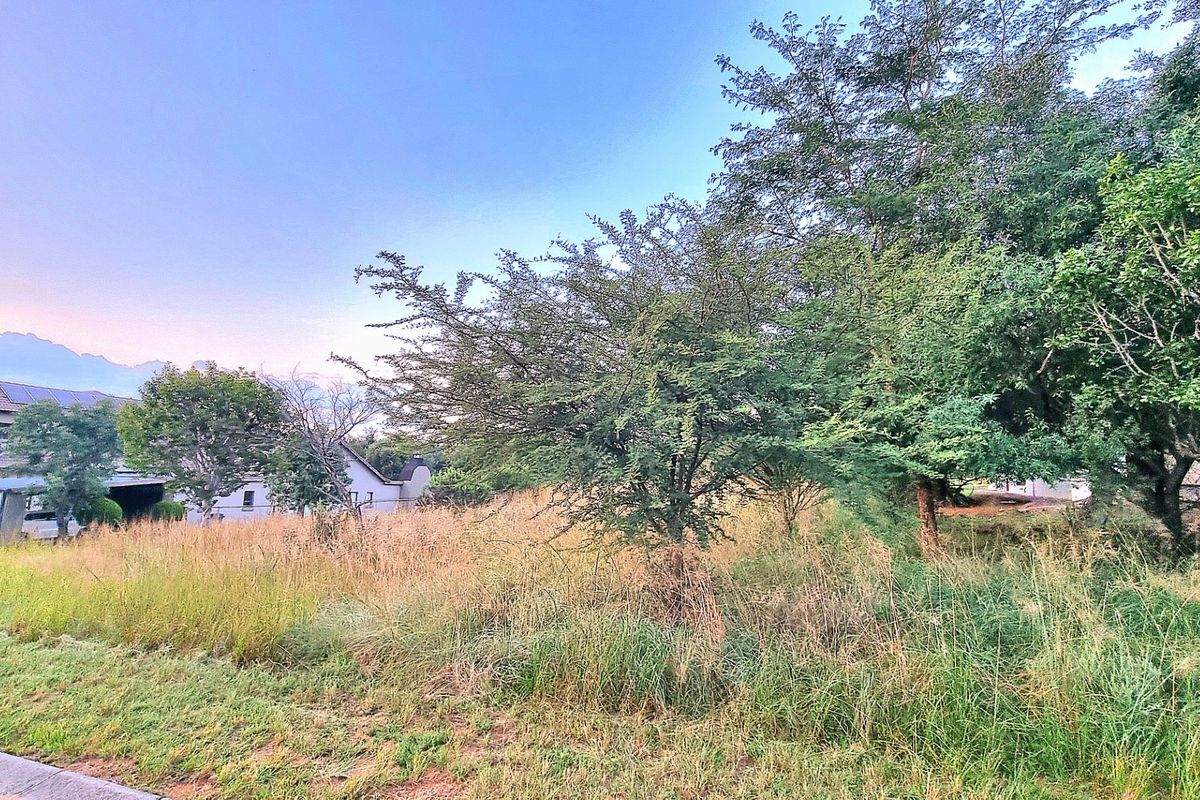 A view of a vacant residential plot featuring established trees and natural grassland, with neighboring properties visible in the background.