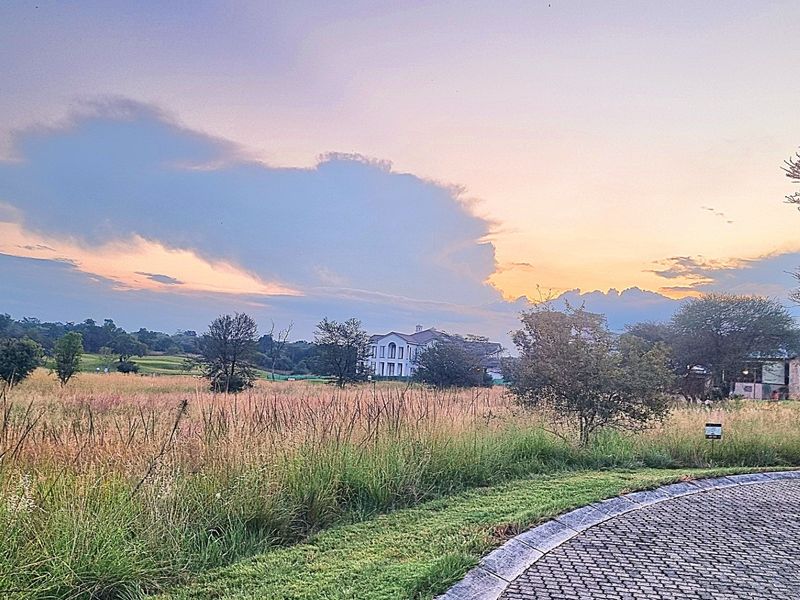 A scenic view of a vacant residential plot featuring natural grassland, a paved driveway edge, and distant estate homes under a sunset sky.