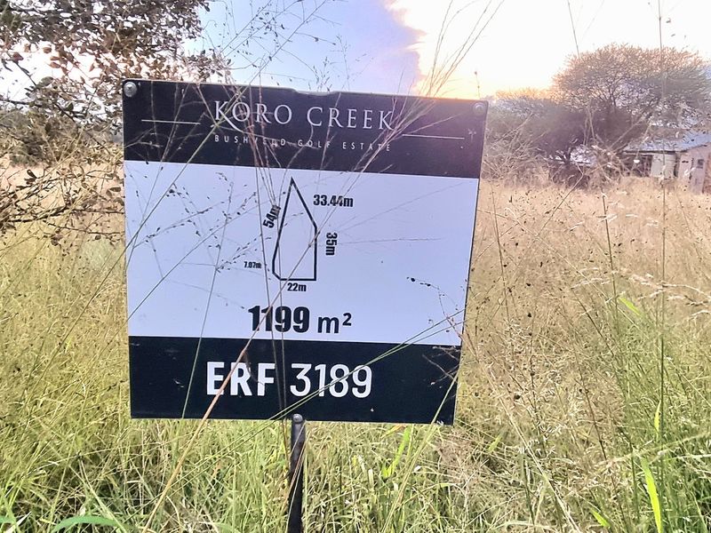 A vacant residential stand measuring 1199 square meters located within the Koro Creek Bushveld Golf Estate.