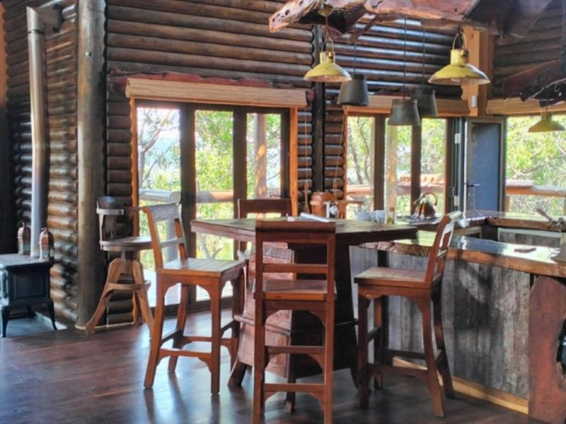 Rustic open-plan lodge living and kitchen area featuring exposed log walls, timber flooring, a wood-burning stove, and large sliding doors with forest views.