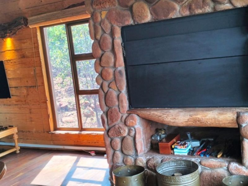 Rustic living room featuring natural timber wall cladding, hardwood flooring, and a prominent stone fireplace with a built-in hearth.
