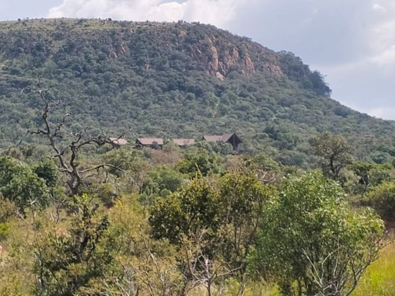 A scenic landscape view showcasing the lodge nestled against a prominent mountain backdrop within a natural bushveld environment.