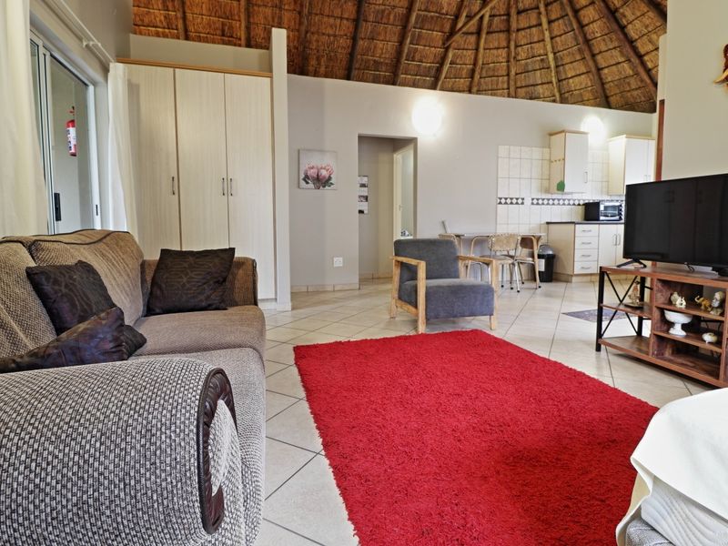 Open-plan living area featuring a high thatched ceiling, tiled flooring, and an integrated kitchen with built-in cabinetry and a tiled backsplash.