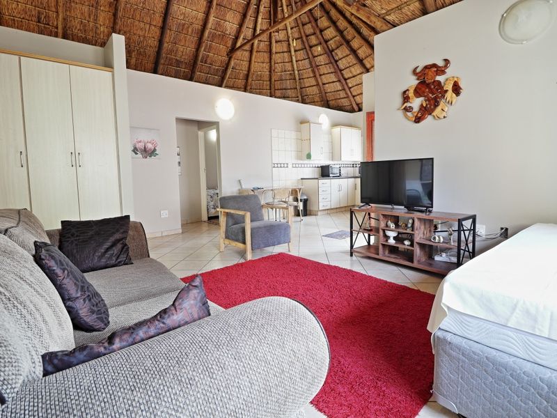 Open-plan living area featuring a distinctive thatched roof with exposed rafters, tiled flooring, and a compact kitchen with built-in cabinetry.