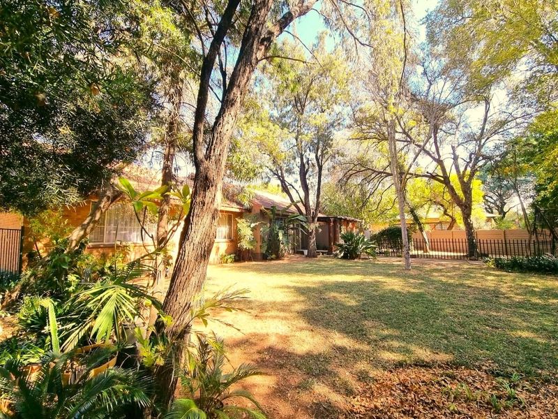 A spacious rear garden featuring a brick house facade, mature trees, and secure metal perimeter fencing.