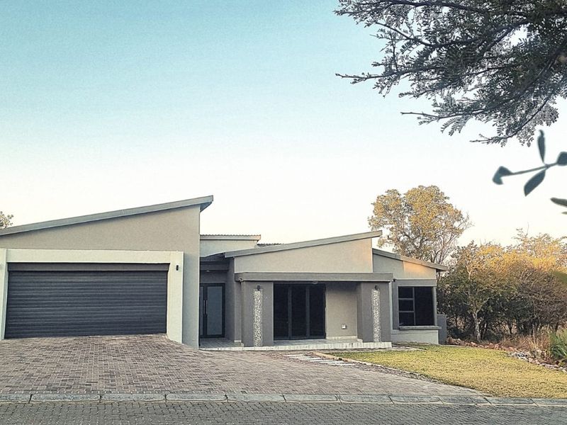 Modern single-story house featuring a double garage, paved driveway, and contemporary architectural design with stone-clad pillars and large aluminium windows.