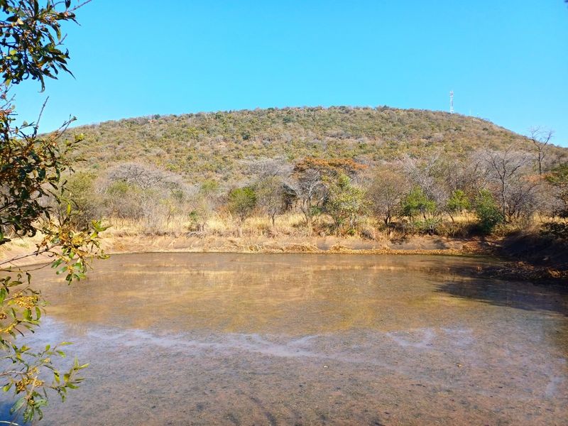 A scenic view of a natural farm dam set against a backdrop of rolling hills and indigenous vegetation.