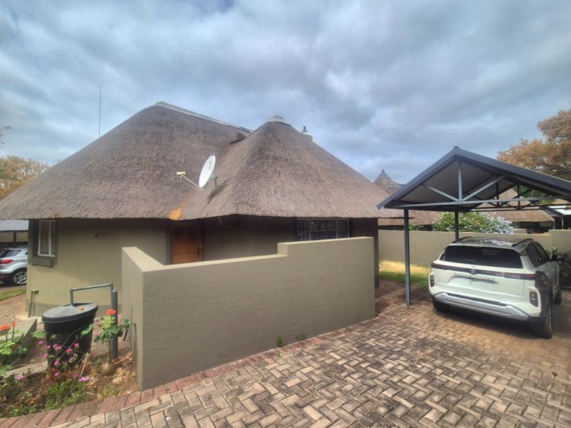 Front exterior view of a house featuring a traditional thatch roof, a paved driveway, and a covered carport.