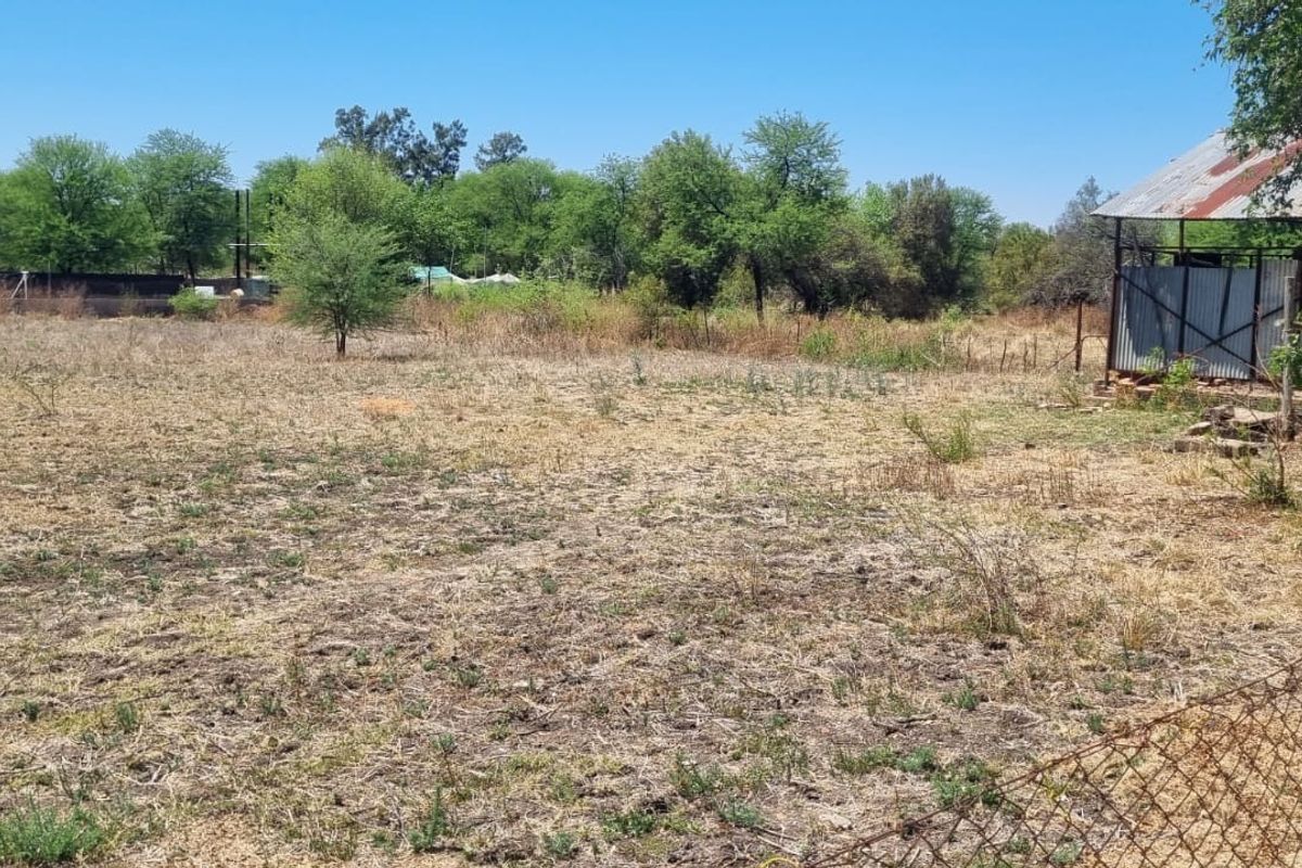 A vacant residential plot featuring dry grass, mature trees, perimeter wire fencing, and a small corrugated metal structure.
