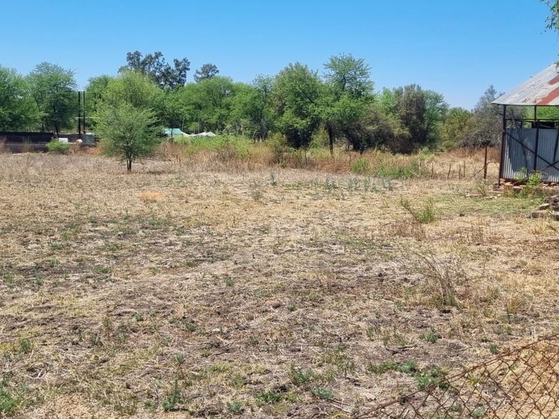A vacant residential plot featuring dry grass, mature trees, perimeter wire fencing, and a small corrugated metal structure.