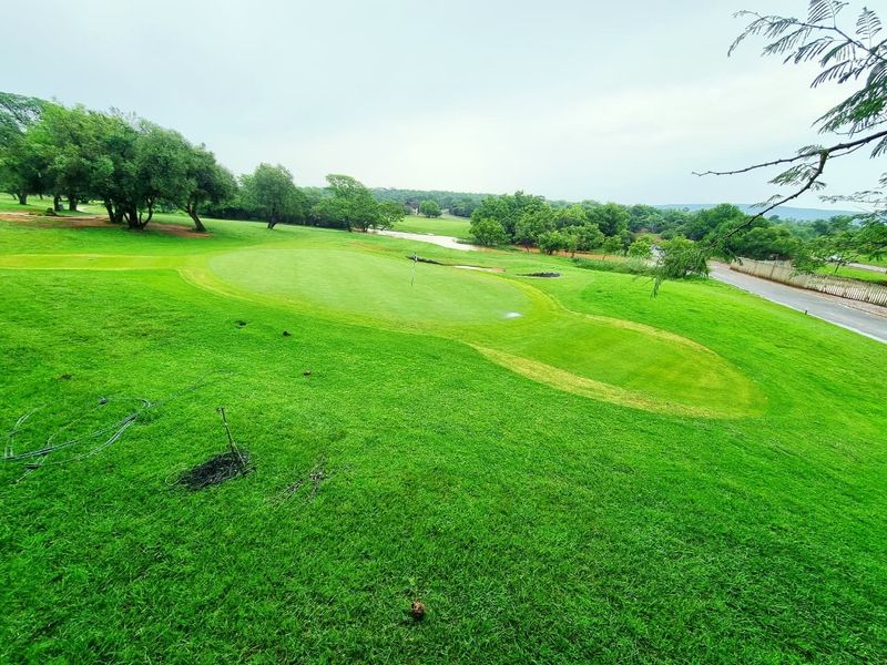 A scenic view of a well-maintained golf course green surrounded by lush green lawns and mature trees.