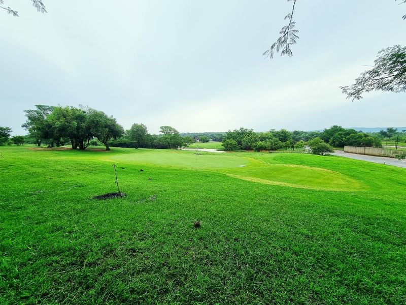 A scenic view of a well-maintained golf course green surrounded by mature trees and lush green landscaping.
