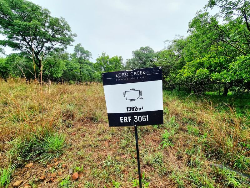 A vacant residential stand measuring 1362 square meters located within the Koro Creek Bushveld Golf Estate.