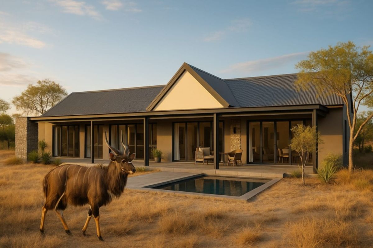 Modern residential property featuring a covered patio, plunge pool, and large sliding glass doors, set within a natural landscape.