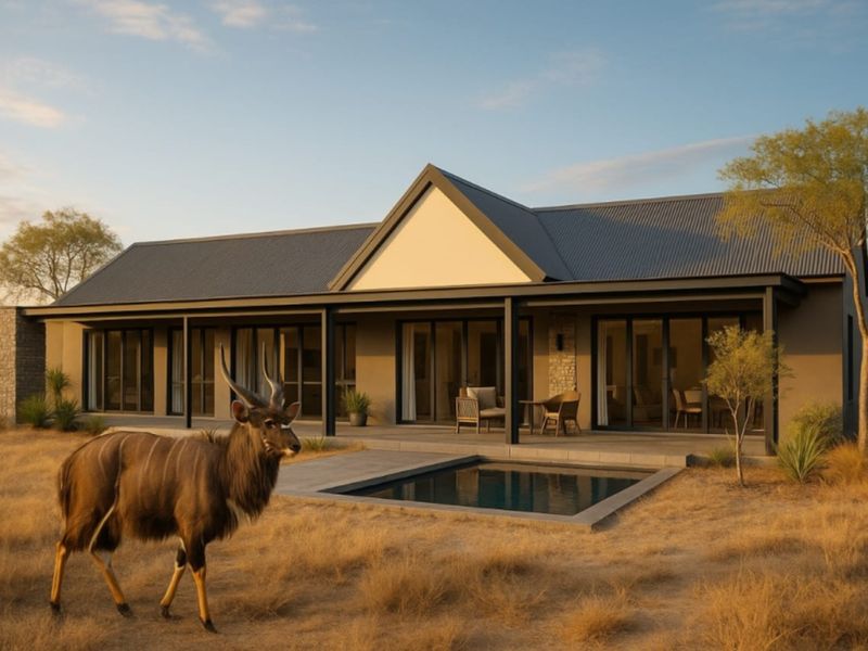 Modern residential property featuring a covered patio, plunge pool, and large sliding glass doors, set within a natural landscape.