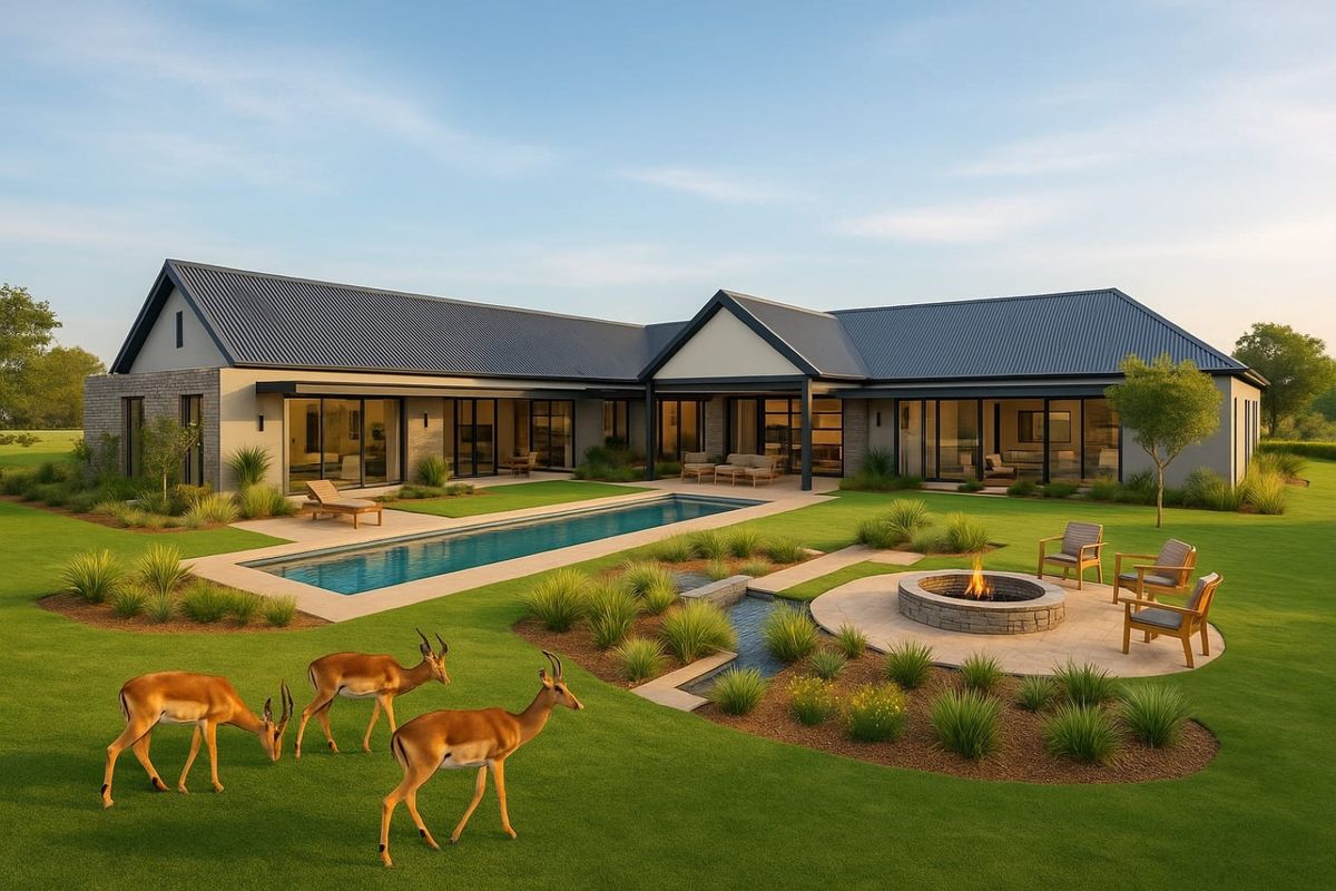 Spacious rear exterior featuring a modern residence with a swimming pool, stone fire pit area, and expansive landscaped grounds.