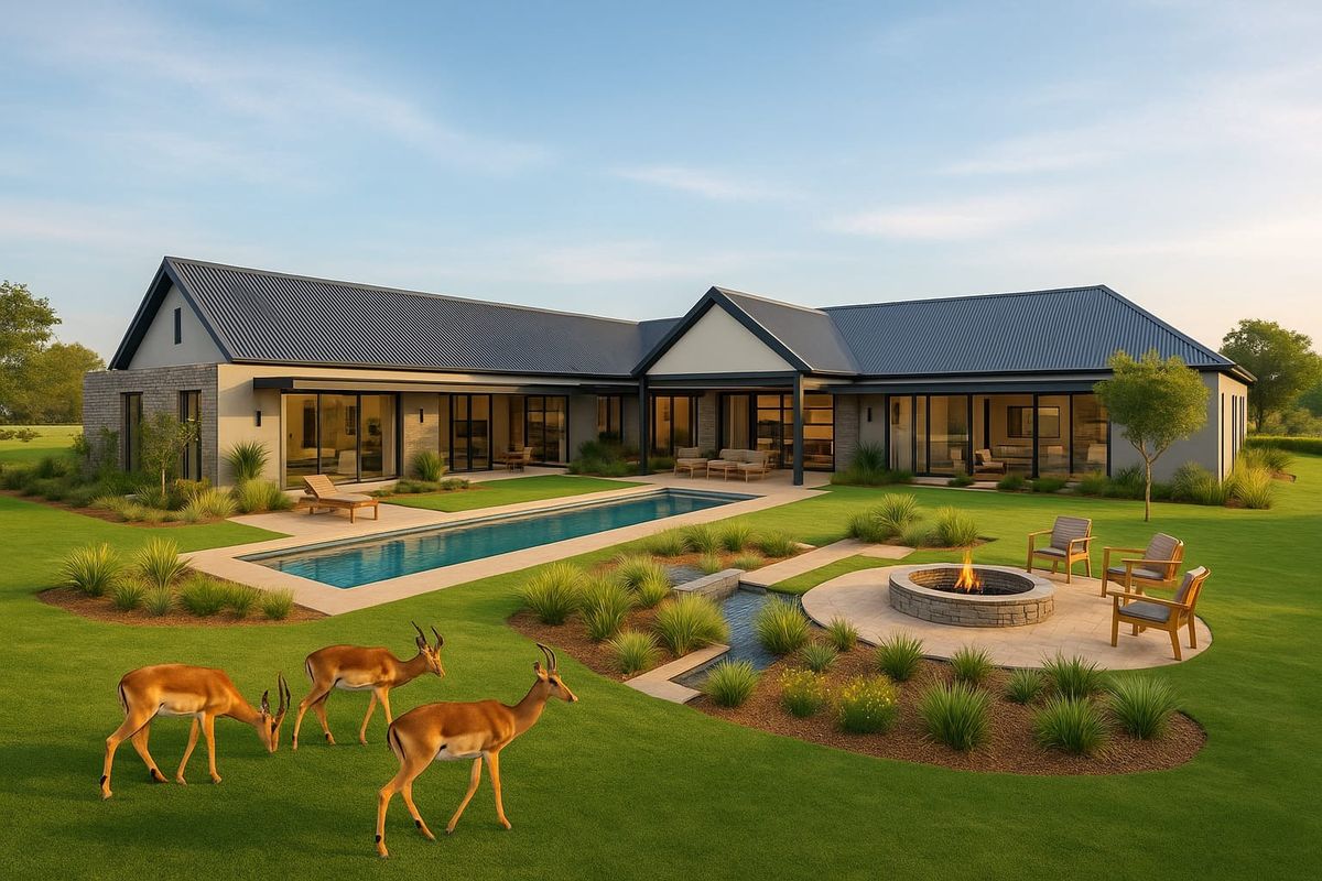 A modern luxury residence featuring a spacious rear patio, swimming pool, and a stone fire pit set within a beautifully landscaped garden.