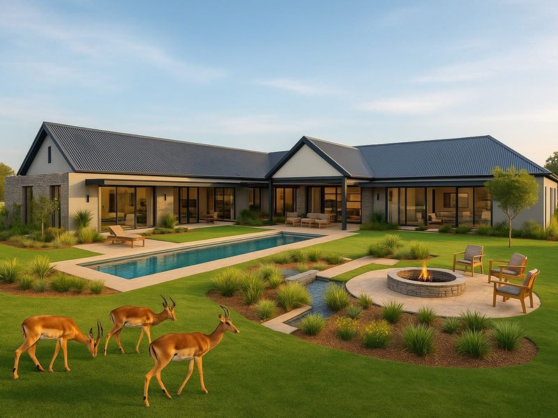 A modern luxury residence featuring a spacious rear patio, swimming pool, and a stone fire pit set within a beautifully landscaped garden.