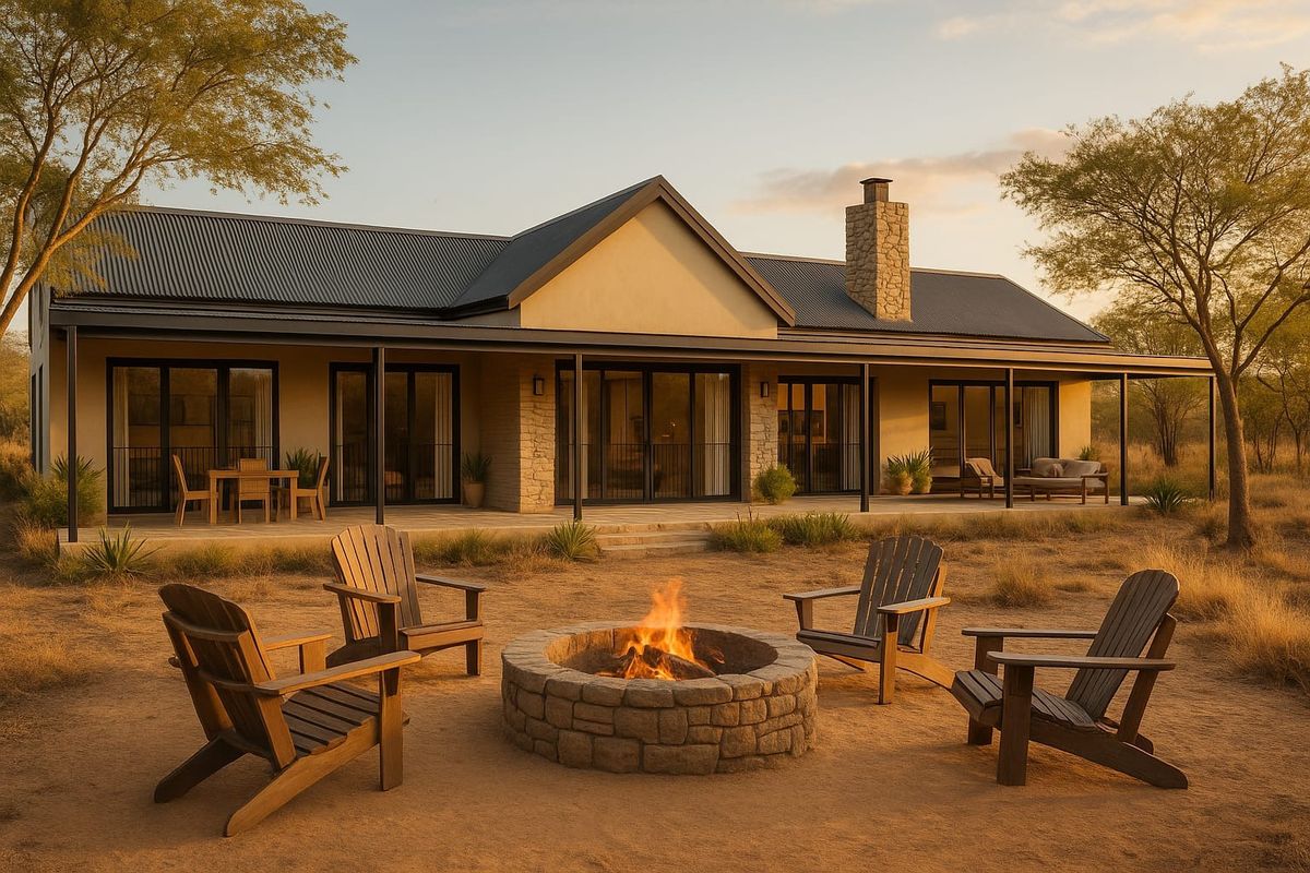 A beautiful rear exterior view of a modern farmhouse-style home featuring a stone fire pit, covered patio, and expansive desert landscaping.