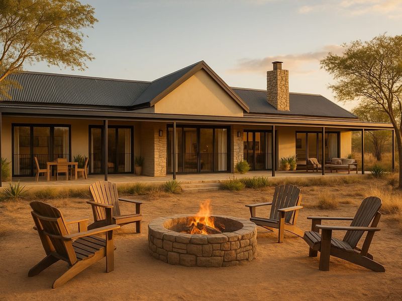 A beautiful rear exterior view of a modern farmhouse-style home featuring a stone fire pit, covered patio, and expansive desert landscaping.