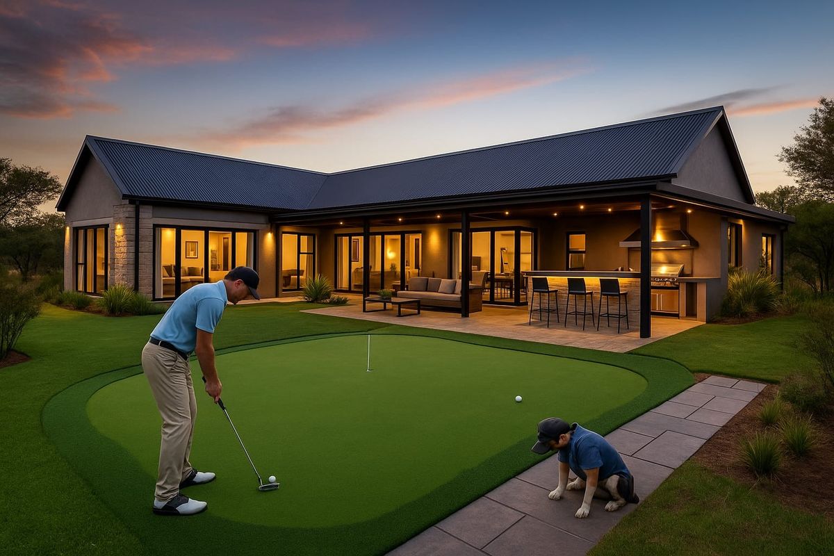 A modern residential rear exterior featuring a private putting green, a covered patio with a built-in outdoor kitchen, and expansive sliding glass doors.