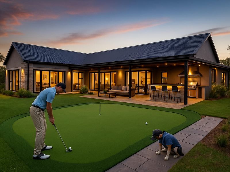 A modern residential rear exterior featuring a private putting green, a covered patio with a built-in outdoor kitchen, and expansive sliding glass doors.