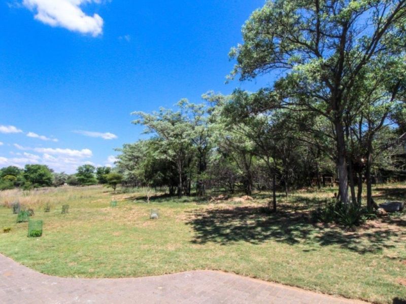 A spacious garden area featuring a paved walkway, established mature trees, and open lawn space, offering a natural outdoor setting.