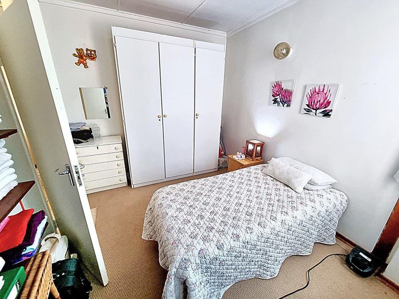 A functional bedroom featuring a built-in wardrobe, carpeted flooring, and coved ceiling details.