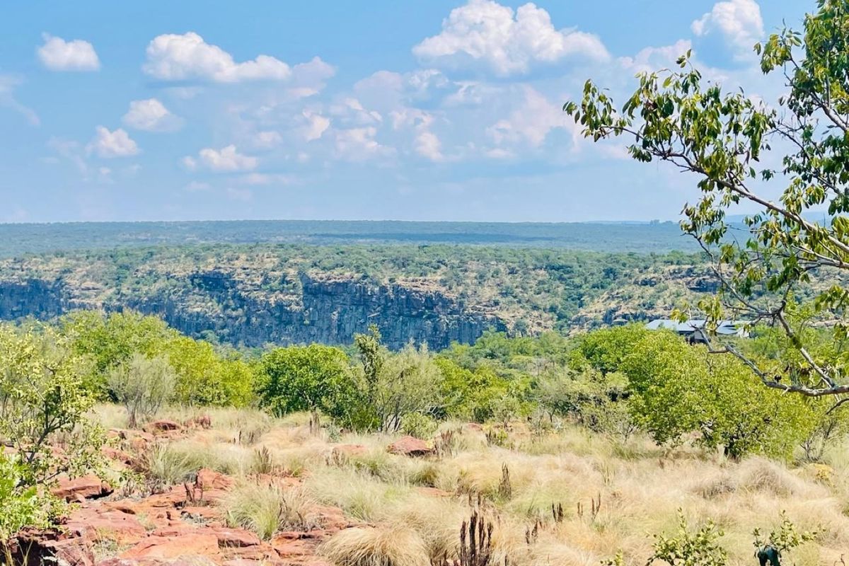 A scenic landscape view overlooking a natural valley with rocky cliffs and native vegetation, showcasing the expansive terrain of the vacant land.