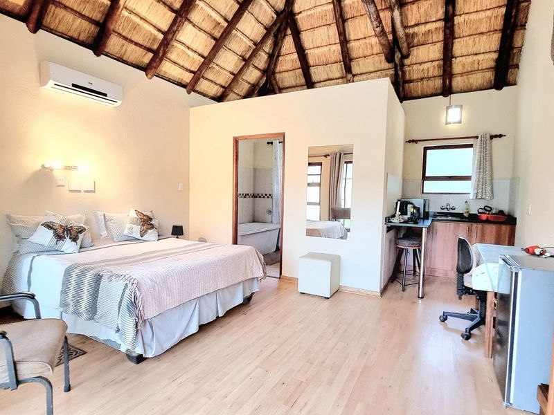 Open-plan studio bedroom featuring a high thatched ceiling with exposed rafters, laminate flooring, integrated kitchenette, and an en-suite bathroom access.