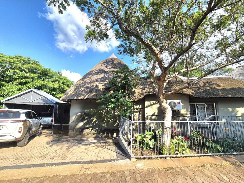 Front exterior view of a house featuring a traditional thatch roof, paved driveway, carport, and established garden with metal fencing.