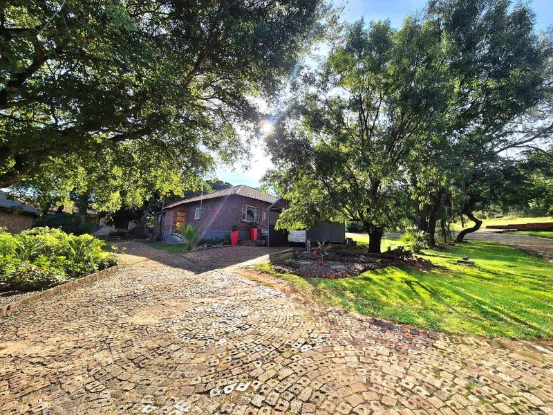 Front view of a brick house featuring a decorative paved driveway and established garden with mature trees.